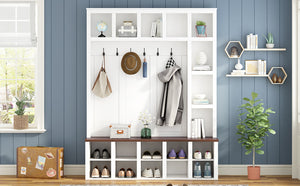 English Elm On-Trend Farmhouse Wooden Hall Tree With 6 Hooks, 4-In-1 Storage Bench & Adjustable Shelves, White N721S000044K-GIGA