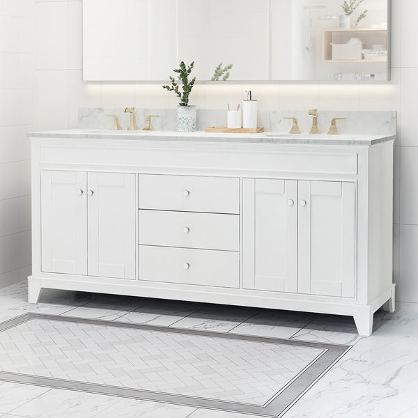 English Elm Christopher Knight Home® - 73'' Carrara White Marble Vanity Top with Dual Porcelain Undermount Sinks, Backsplash & 3-Hole Faucet Cutouts 65308.00