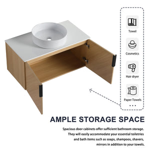 English Elm 36" Modern Wall-Mounted Bathroom Vanity With Ceramic Vessel Sink & Soft-Close Doors For Stylish Space W999S00448
