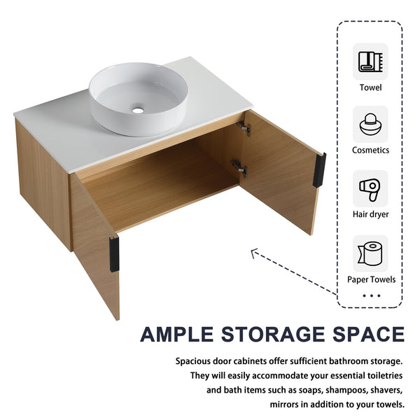 English Elm 36" Modern Wall-Mounted Bathroom Vanity With Ceramic Vessel Sink & Soft-Close Doors For Stylish Space W999S00448