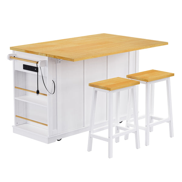 English Elm K&K 53" Large Kitchen Island with 2 Stools, Built-In Power Station, Wheels, Drop Leaf & Ample Storage White N707S000007W