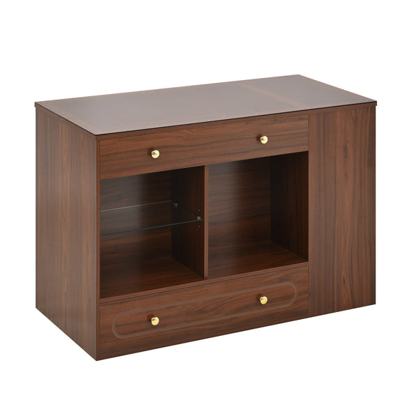 English Elm Closet Elegant walk-in island with glass display top, 6 drawers and open shelves for organized storage Walnut 39.76 L x 17.32 W x 12.2 H N733S304513D