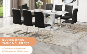 English Elm Table Modern Marble Dining Set - 71"X35.4" Tempered Glass Table With 8 Stylish Black Pu Chairs W1151S02117-GIGA