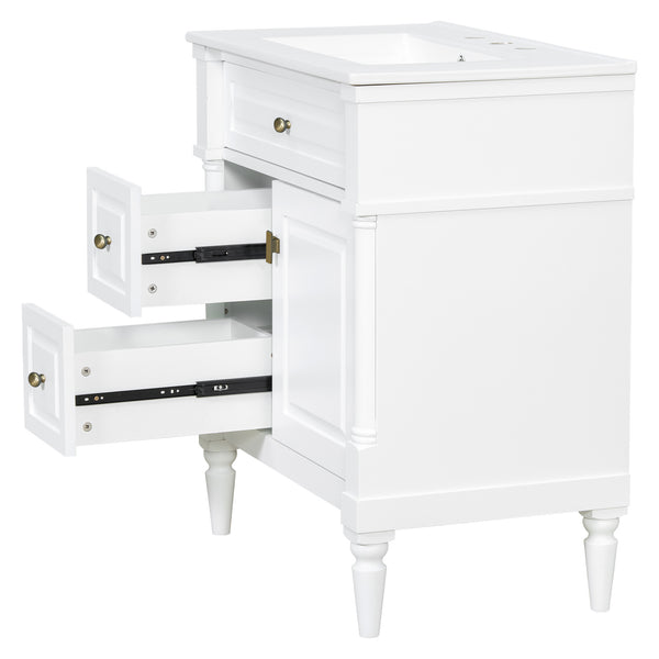 English Elm 30" Freestanding Bathroom Vanity Rubberwood Frame Ceramic Sink Flip Drawer Storage White N725P356062K