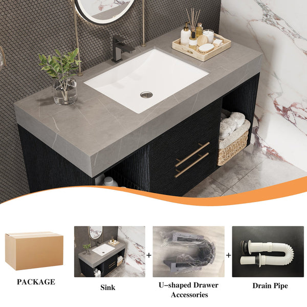 English Elm 39.4 Inch Floating Bathroom Vanity Sintered Stone Top Solid Wood 2 Soft Close Drawers W3136S00037