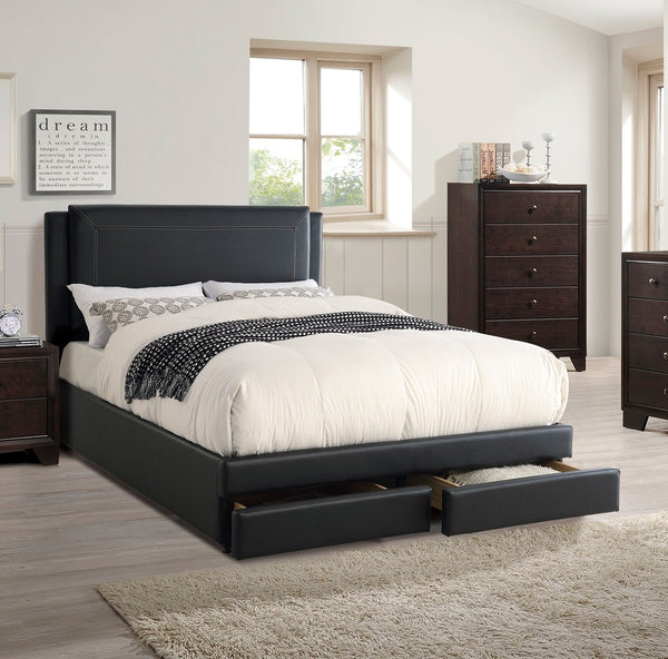 English Elm Black Luxurious Queen Bed with Hidden Storage Drawers Upholstered Faux Leather Modern Frame Black 64 L x 49 W x 5 H B011S02013