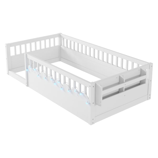 English Elm Twin Montessori Floor Bed Frame with High Rails and Built-In Light Shelf for Safe Independent Sleep White 79.13 L x 13 W x 6.3 H W2593P333565