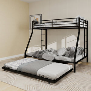 English Elm High Stability Square Tube Bunk Bed With Rolling Trundle & Ladder - Modern Black Design For Space-Saving W1935P360871
