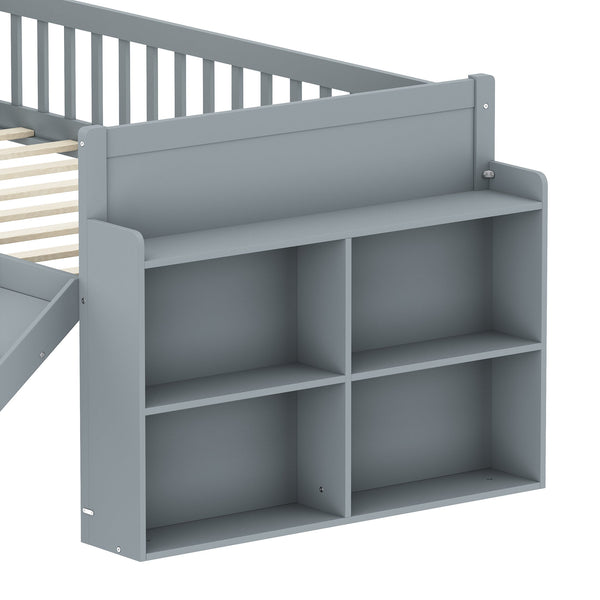 English Elm Twin Platform Kids Bed with Slide Ladder Guardrails Storage Shelf Wood Frame Gray N733S415411E