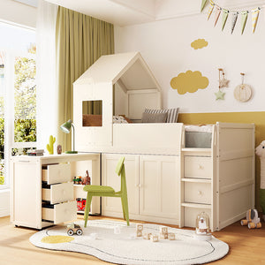 English Elm Twin House Loft Bed with Pull Out Rolling Desk Stair Drawers and Cabinet Storage Beige N820S00072A