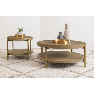 English Elm Benson Round Coffee Table with Rattan Shelf Brass Legs and Bold Matte Finish Sand B062P440110