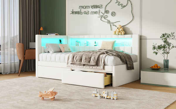 English Elm Upholstered Twin Platform Bed with USB Ports, LED Light Belt, Linen Backrest & 2 Storage Drawers White DL001926AAK
