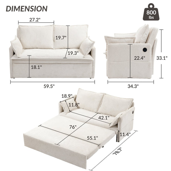 English Elm 59.5" Corduroy Convertible Sleeper Sofa with Usb Charging Ports and Storage Pockets W2606P252439