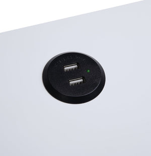 English Elm Fierce Modern White & Black Accent Table with Built-In USB, Pull-Out Drawer, Sleek X-Leg Design B2726P243282