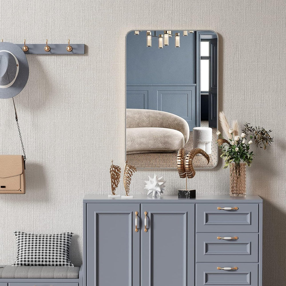 English Elm 24X36 Inch Silver Metal Framed Rectangular Bathroom Mirror – Modern Elegance & Safety Features W2203P302742