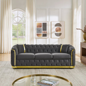 English Elm 84.6 Inch Chesterfield Velvet Tufted Sofa with Gold Steel Trim for Glam Living Rooms Gray W1191S00095