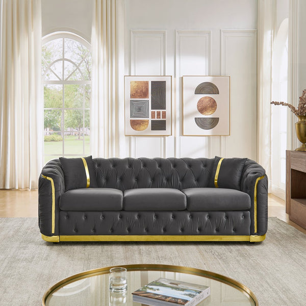 English Elm 84.6 Inch Chesterfield Velvet Tufted Sofa with Gold Steel Trim for Glam Living Rooms Gray W1191S00095