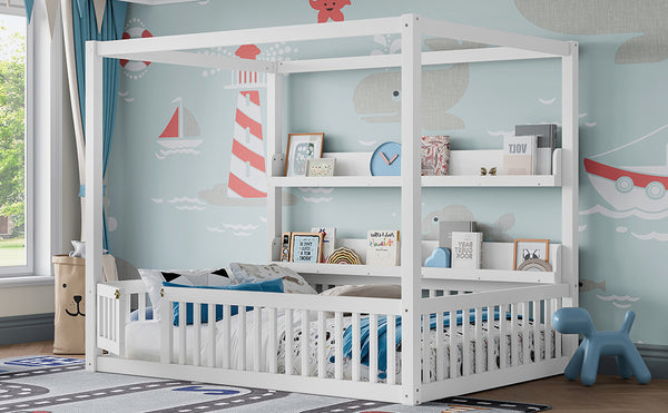 English Elm Full House Floor Bed with Door and Guardrails for Kids, Solid Wood Double Full, Safe Play Nook Light White W1580P359331