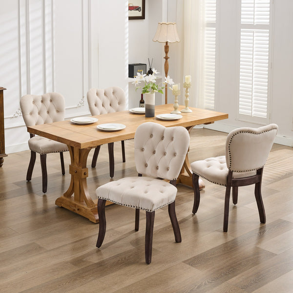 English Elm French Vintage Tufted Upholstered Dining Chair with High-Rebound Foam, Solid Wood Frame, 300lb Capacity Beige W1143P214540