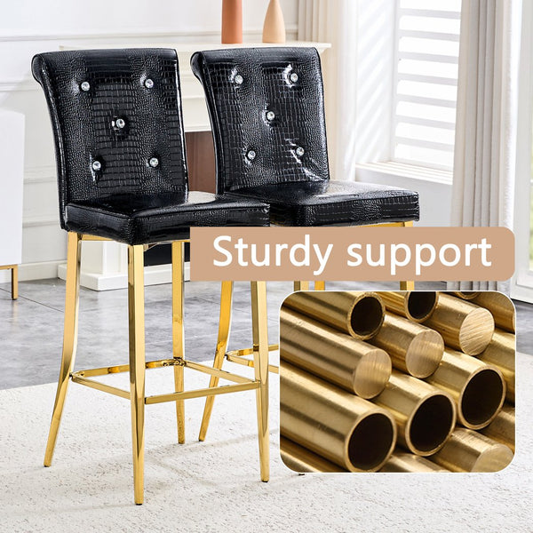 English Elm A Set of 2 Crocodile Embossed Pvc Barstools with Crystal Clasp Detail for Home Bars Black W3875P383116