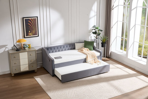 English Elm Twin Velvet Daybed with Pull Out Trundle Tufted Back Usb Port and Side Pockets Grey W1361S00036
