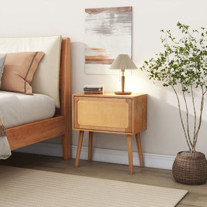 English Elm Rotating Rattan Nightstand Push Open Hidden Storage Mid Century Wood Leg Bedside Natural N761P288451M