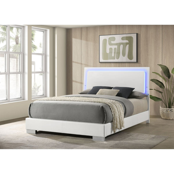 English Elm Strick White High Gloss Queen LED Panel Bed with Solid Wood/MDF, Slatted Design, Energy-Saving Light B062S00671