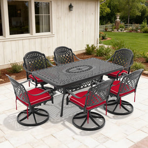 English Elm 7-piece Outdoor Cast Aluminum Dining Set Ornate Relief Patio Table Six Swivel Chairs W1710S00320