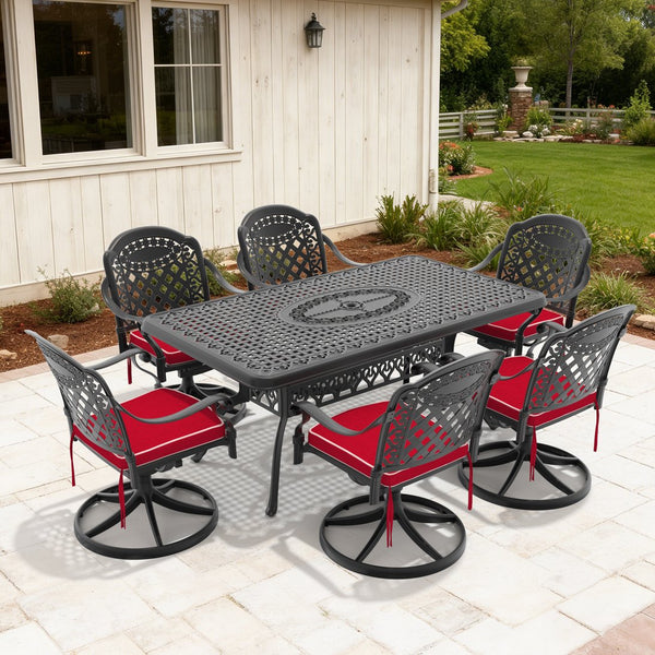 English Elm 7-piece Outdoor Cast Aluminum Dining Set Ornate Relief Patio Table Six Swivel Chairs W1710S00320