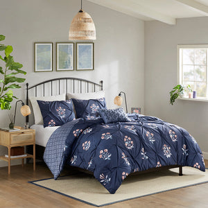 JLA Home Madison Park - 4 Pintuck Comforter Set Navy Floral Embroidered Throw Pillow Hypoallergenic Dust‑Resistant Cozy 92 L x 104 W x 1.5H MP10-8411