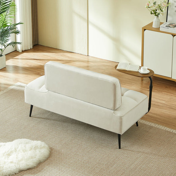 English Elm 54-inch Velvet Tufted Loveseat with Rotating Tray Table Nailhead Trim Compact Seating Beige W1359P438328