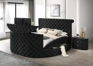 English Elm Luxurious King Size Bed Set With Tufted Black Velvet, Tv Lift, Electric Fireplace & Nightstands B2741S00121