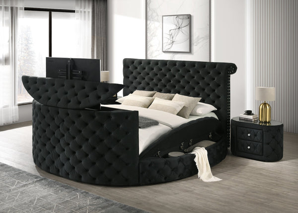English Elm Luxurious King Size Bed Set With Tufted Black Velvet, Tv Lift, Electric Fireplace & Nightstands B2741S00121
