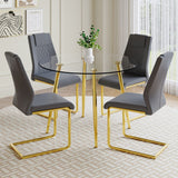 English Elm A Modern Minimalist Style Round Transparent Tempered Glass Table With Gold Metal Legs, Paired With 4 Modern Pu Leather High-Back Dining Chairs,Bring A Luxurious Experience.