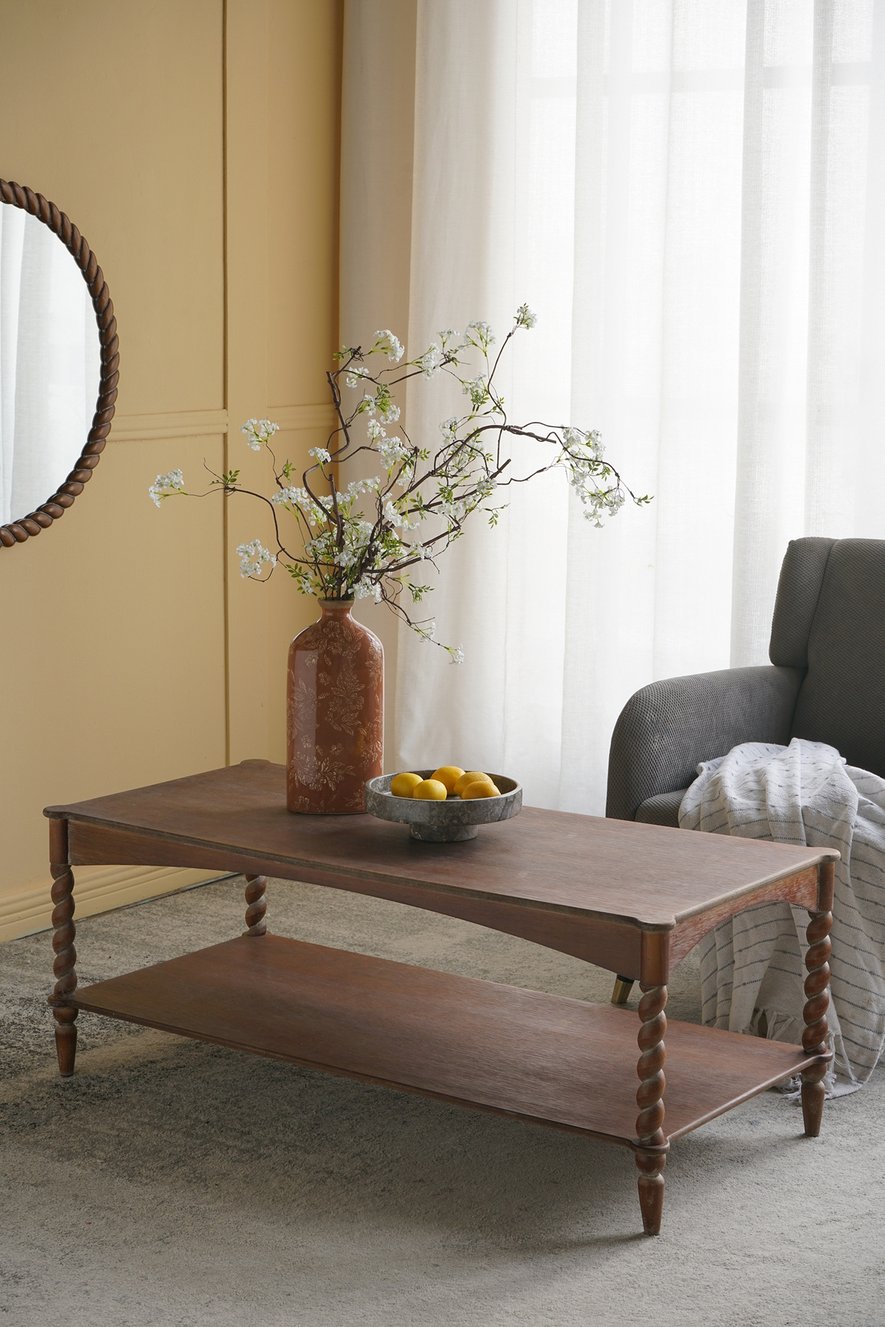 English Elm 47x22x18.5" Rustic Wood Coffee Table with Spiral Turned Legs and Open Storage Shelf W2078P460492