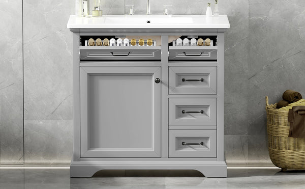 English Elm Christopher Knight Home® - 30" Bathroom Vanity with Sink Vintage Acacia Frame Ceramic Basin Soft-Close Doors & Storage Light Gray N759P313315E