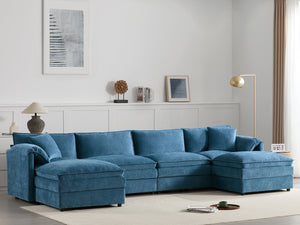 English Elm [new U-shaped Chenille Cloud Sectional 6 Seat Modular Sofa with Movable Ottoman Blue N723S6546C