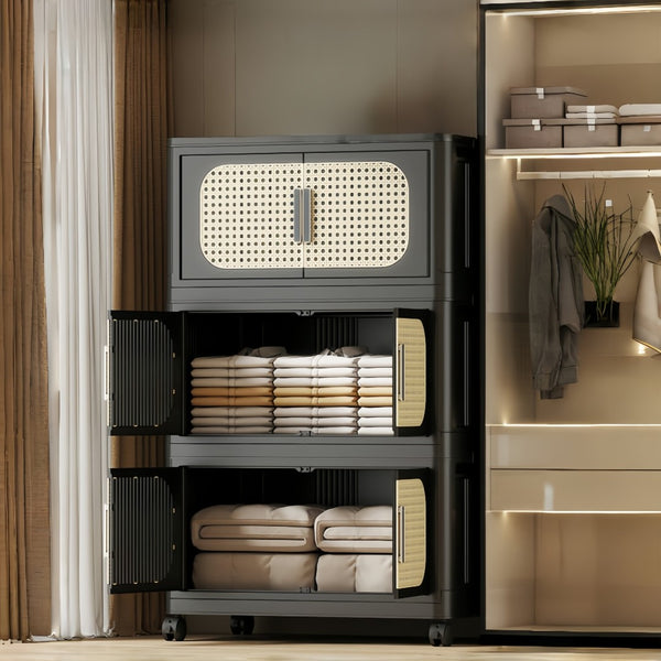 English Elm Retro Folding Storage Cabinet With 5 Tiers, Magnetic Door & Wheels - Space-Saving & Versatile! W2873P366259-GIGA