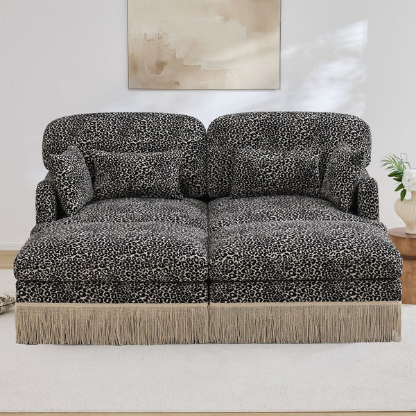 English Elm Comfy Chenille Leopard Print Loveseat with Tassel Trim and Movable Ottoman Modules Khaki W5656S00021