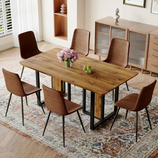 English Elm Table and Chair Set Wood Grain Mdf Top Six Seat Dining with Brown Suede Upholstered Chairs W1151S01954