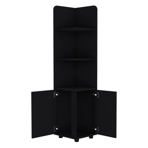 English Elm Corner Corner Cabinet 62H" Tall 3-Tier Open Shelf & 2-Door Black, Space-Saving Durable Storage B097P221673