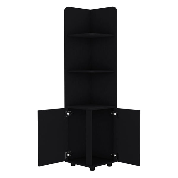 English Elm Corner Corner Cabinet 62H" Tall 3-Tier Open Shelf & 2-Door Black, Space-Saving Durable Storage B097P221673