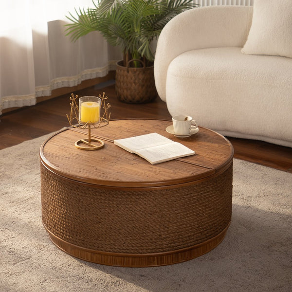 English Elm Flower-shaped Rattan Coffee Table Boho Woven Design with Hidden Lift Top Storage W3081P464721