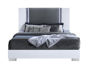English Elm MOON Smooth White Queen Bed with LED Accent Lighting, Solid Wood & MDF Frame, Modern Marble Design B201S00310