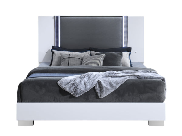 English Elm MOON Smooth White Queen Bed with LED Accent Lighting, Solid Wood & MDF Frame, Modern Marble Design B201S00310