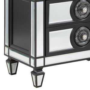 English Elm Varian Mirrored Nightstand with Crystal Knobs, Sunburst Trim & Felt-Lined Drawer — Black/Silver Finish B2726P303758