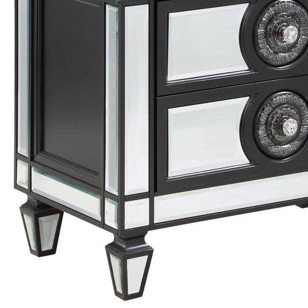 English Elm Varian Mirrored Nightstand with Crystal Knobs, Sunburst Trim & Felt-Lined Drawer — Black/Silver Finish B2726P303758