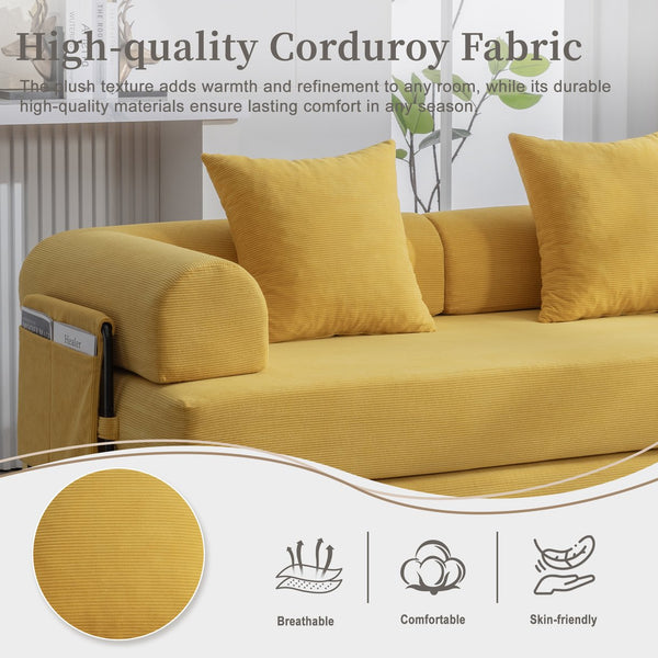 English Elm UNITED modular foldable sofa with metal frame, corduroy upholstery, side pocket & quick assembly convenience Mustard yellow W1568P375635