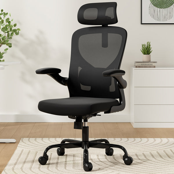 English Elm Ergonomic Office chair with adjustable headrest and lumbar support, breathable mesh, space-saving design Black T3623P368574
