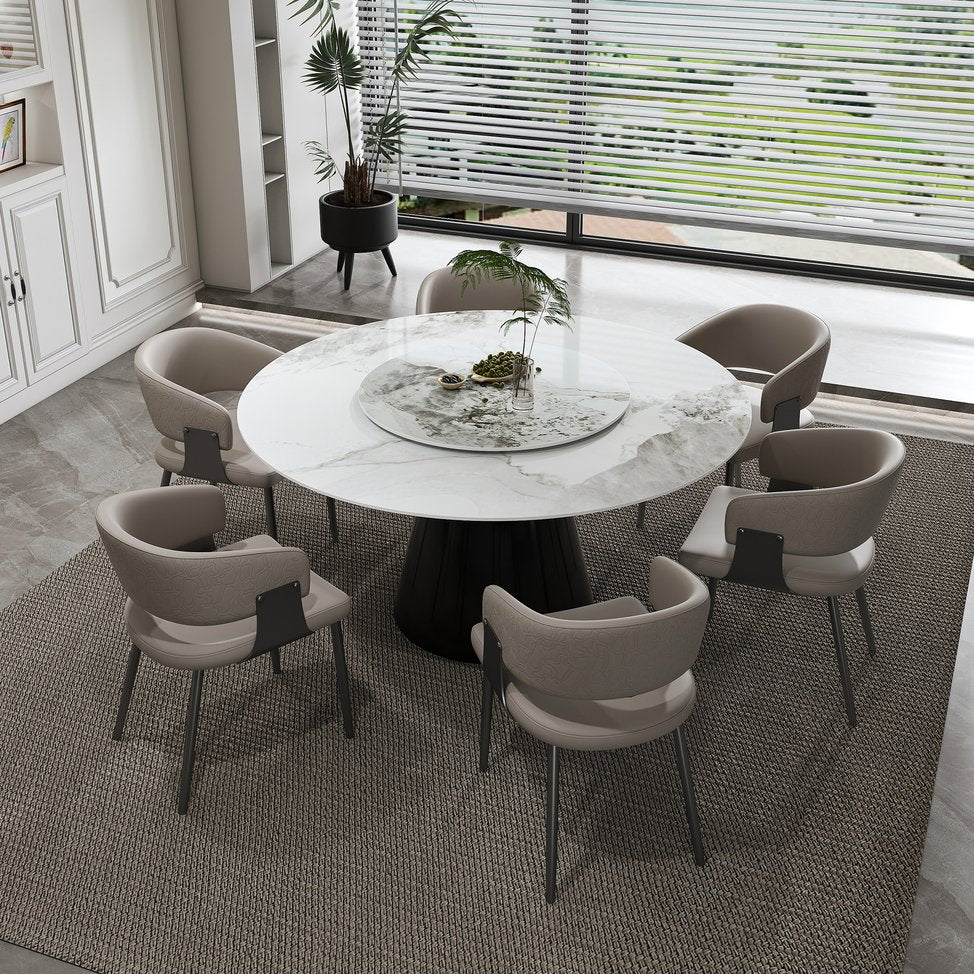 English Elm 59" Round 7-Piece Dining Set - Modern Faux Marble Table With Lazy Susan & 6 Pu Leather Chairs For Home W2700S00038